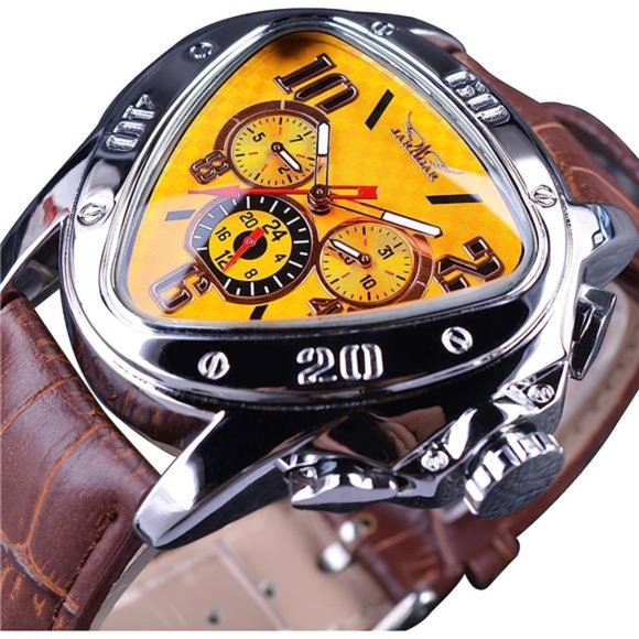 Fashion Mechanical Wrist Watch Triangle Racing Dial, Skeleton Dial, Yellow - Picture 7 of 7